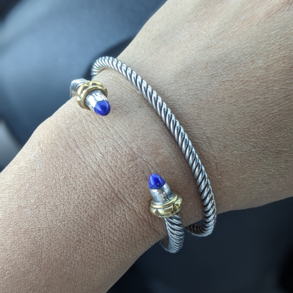 Vintage Mexico 925 Sterling Silver With Lapis Stone Rope Cuff Bracelet - Picture 13 of 13